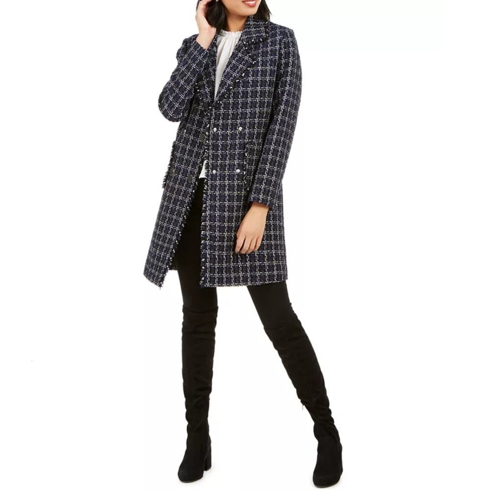 MARC NEW YORK Blue Calla Double-Breasted Plaid Tweed Coat Size Small